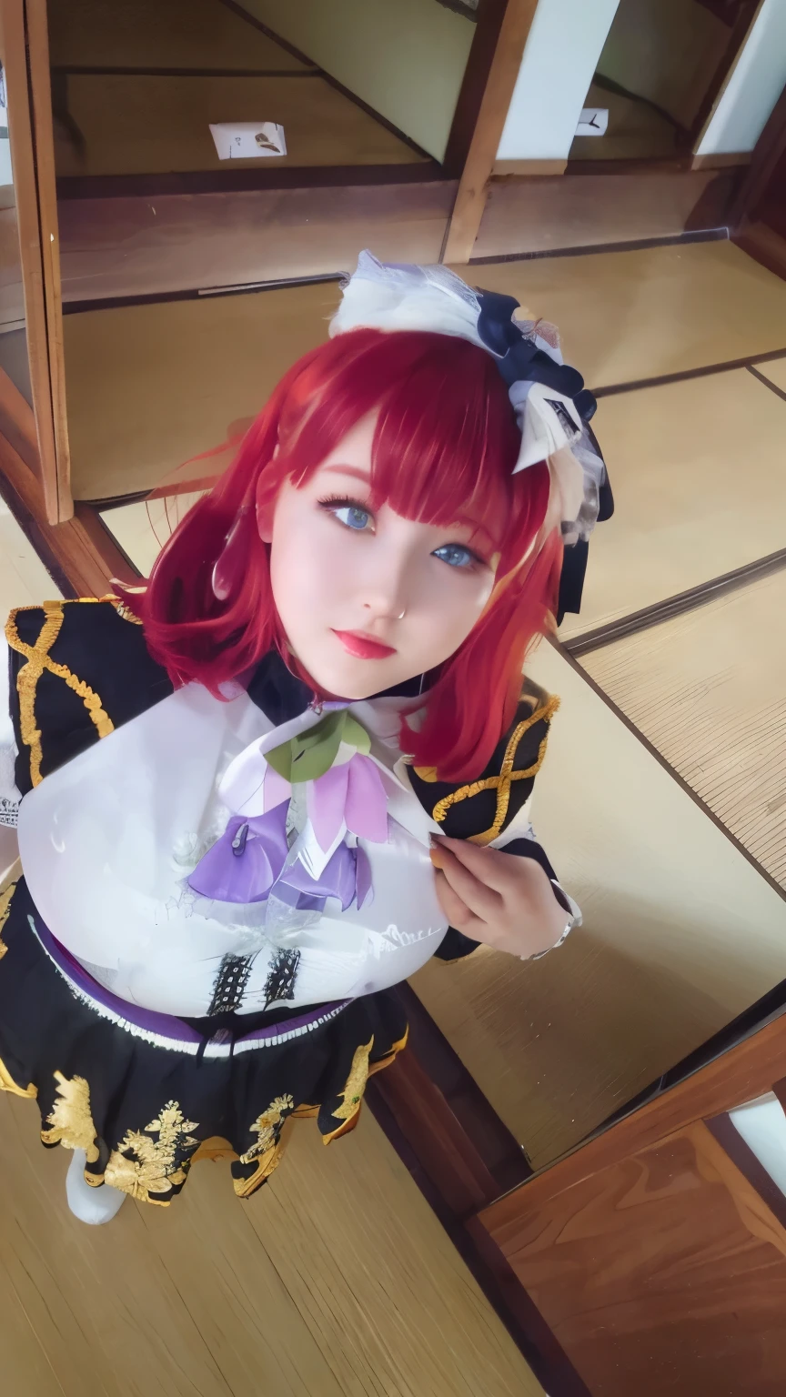 A red-haired girl with short hair and green eyes  big breast 
