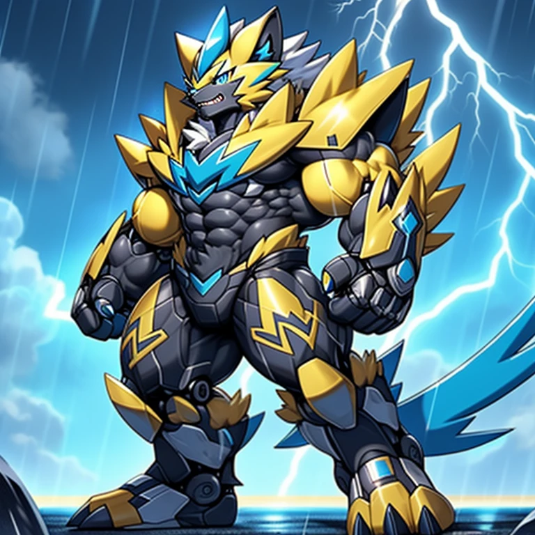 (masterpiece, best quality, detailed:1.2)
(Pokémon)
detailed full body,
Zeraora's giant robot.
Gigantic ZERAORA,

Protecting Zeraora's design and color scheme. 
Robotic suit, 
the whole body is covered in armor, 

whole body shines like metal.
Wearing cyberpunk mecha, emphasizes the muscles.
He wears the same armor as himself from head to foot. (emphasizes the muscles.)
suit fully made of metal,
intricate armor, Robotic suit, suit fully made of metal, cyborg,

big muscle.
pecs, triceps,
body full of huge muscles.
unusually developed muscular body,
A Zeraora at the bodybuilding competition,
massive,
huge muscular bodybuilder with extraordinary biceps, pecs, triceps, traps, gigachad, 300 lbs.

The claws are sharp, Sharp teeth,
with huge golden laser sword,

thunderstorm,
rainy weather,
lightning,

wears a black cloak on his back.