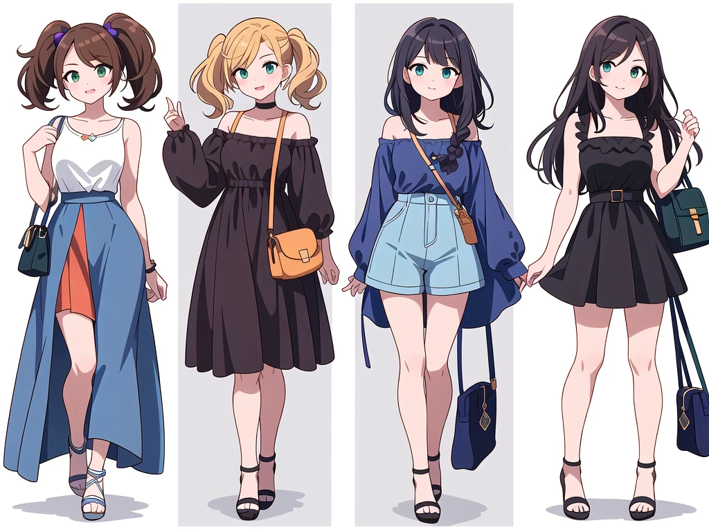 (((Best Quality))) , ((full body)), 4 lady, adult woman, multiple views, white background, variety of hairstyles, variety of fashion styles, seductive pose, fashionable and trendy atmosphere, holding bag, spring outfits, walk pose, dark blue/dark orange/dark green/dark violet/brown/white, short shorts,
