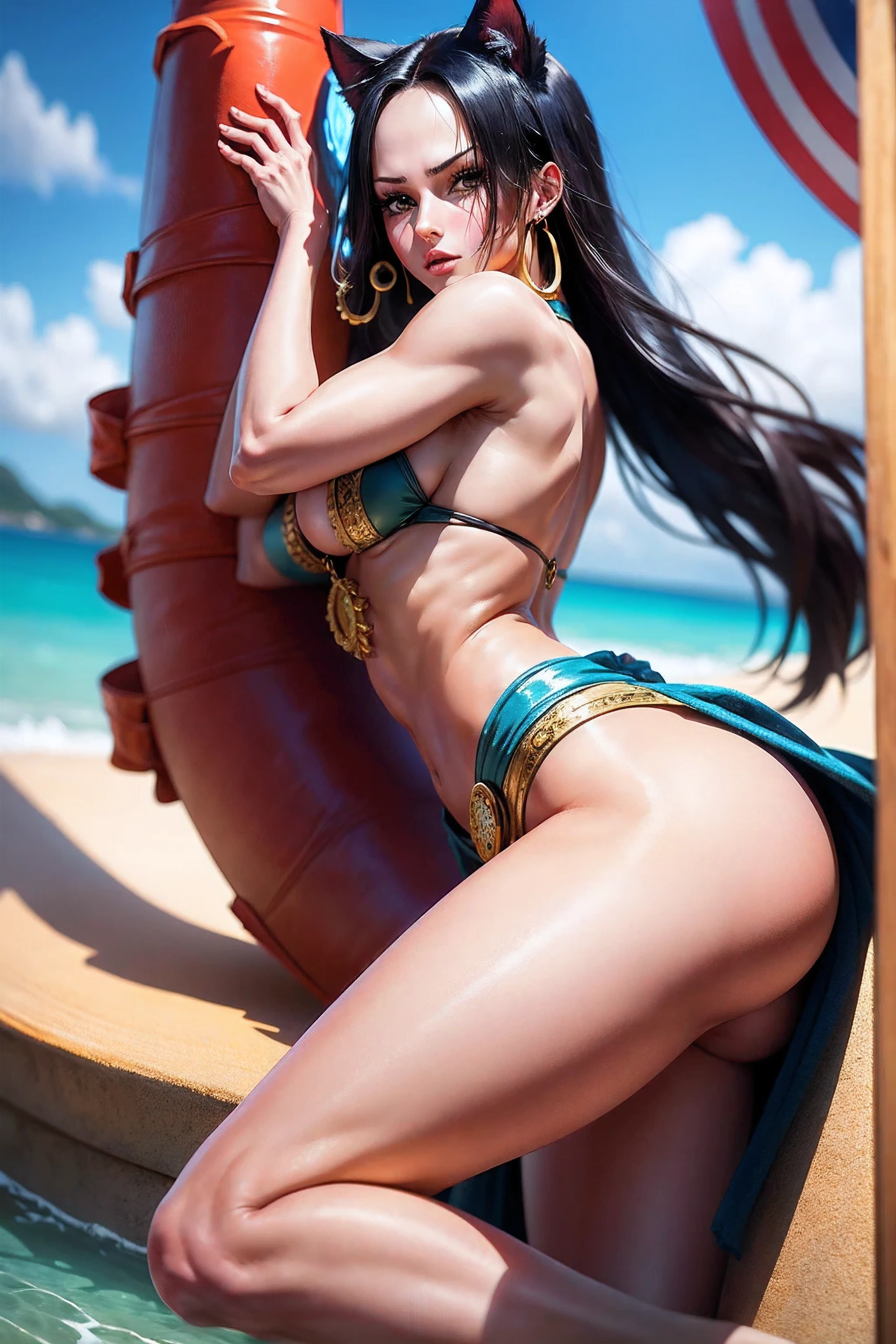 A girl with Boa Hancock as the main theme. She has a mole under her eye and is adorned with jewelry, including an anchor choker and cat ears. Her expression is a pout, giving her a cute and playful look. The artwork has a border, giving it a framed and finished appearance. The depth of field is used to create a sense of focus on Nico Robin, while the surrounding elements are slightly blurred, adding a cinematic touch. The lighting is dramatic and cinematic, with strong contrasts and vibrant colors. The artwork has a touch of chromatic aberration, adding a subtle artistic effect. The level of detail is exceptionally high, capturing every aspect of Nico Robin's features, including her textured skin and vividly expressive eyes. Overall, the artwork is a masterpiece, showcasing the intricate beauty of Nico Robin in a stunning and captivating way.