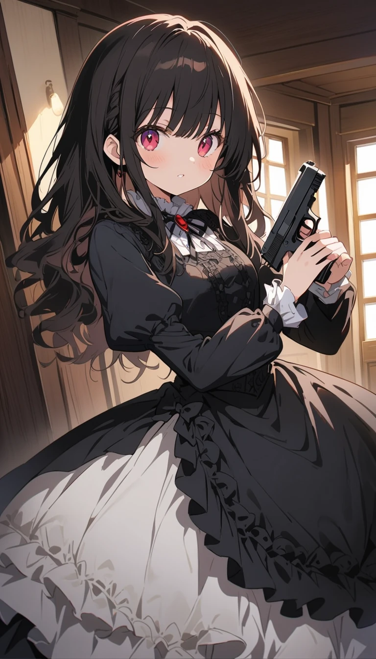 1 beautiful girl、Rin々A funny expression、(black victorian dress:1.4、Formal wear)、(Jewelry decoration)、(familiar:1.2)、(Holding a handgun in both hands、Dual pistols:1.6)、Action pose、Cool pose、Complex skirt、steampunk、Full Body, (highest quality、masterpiece、High resolution、detailed)、animeスタイル、Flat Style、High saturation、(Beautiful Eyes, Delicate and beautiful face, ),extremely detailed、(The Shining), Best lighting, Best Shadow、Dynamic Angle、anime