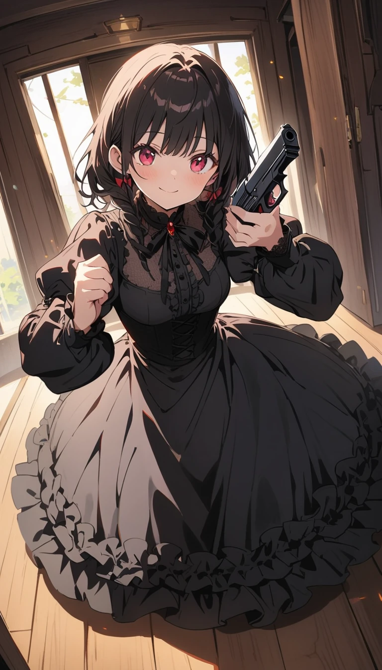 1 beautiful girl、Rin々A funny expression、(black victorian dress:1.4、Formal wear)、(Jewelry decoration)、(familiar:1.2)、(Holding a handgun in both hands、Dual pistols:1.6)、Action pose、Cool pose、Complex skirt、steampunk、Full Body, (highest quality、masterpiece、High resolution、detailed)、animeスタイル、Flat Style、High saturation、(Beautiful Eyes, Delicate and beautiful face, ),extremely detailed、(The Shining), Best lighting, Best Shadow、Dynamic Angle、anime