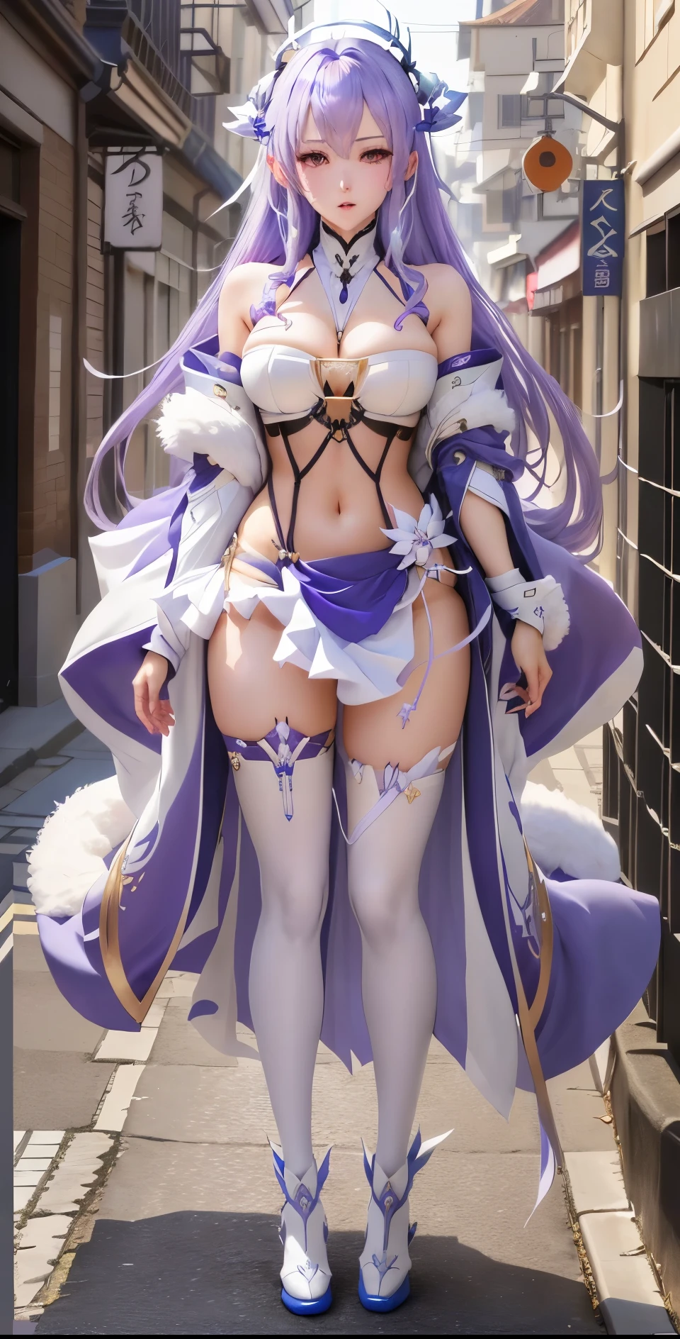 Anime girl in a white top and blue skirt walking on the street, Full body purple and white cloak, Ayaka Genshin Impact, full body white purple cloak, full body xianxia, Azure Lane style, anime goddess, Chest covered with fur, The chest is covered with scales, 《Azur route》Anime girl with horns, female anime character