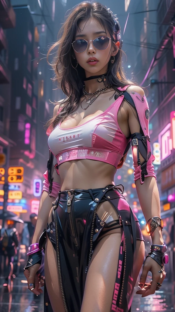 (Realistic:1.3, 16k, highest quality, masterpiece, Ultra-high resolution), ((light rain, From below:1.0)), Perfect dynamic composition:1.2, (Modern futuristic city at night, Expressions of sadness:0.5, motorcycleを運転する), Highly detailed skin and facial textures:1.2, Young Japanese Woman, Incredibly slim body, Fair skin, Sexy beauty, Very beautiful face, beautifully、aesthetic, (Pink tight skirt, Wear cyberpunk clothes), (Shapely breasts, Chest gap), (Big eyes that exude beautiful eroticism, Lips that exude beautiful eroticism), necklace, Earrings, bracelet, wedding ring, Shoulder bag, clock, sunglasses, motorcycle, Cowboy Shot