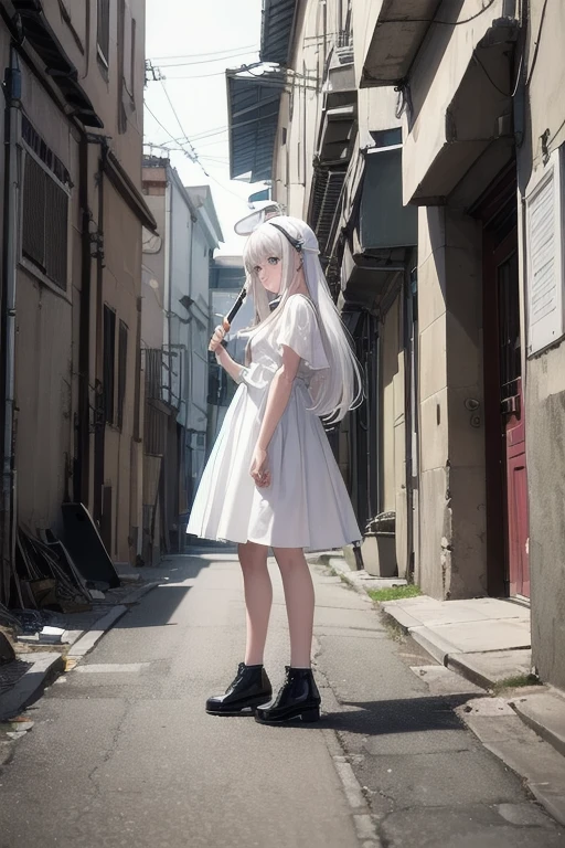 ((masterpiece, best quality)),a girl, solo, dress, standing, halo, alley, outdoors, bangs, white dress, white hair, long hair, black footwear, industrial pipe, looking at viewer, air conditioner,dark lighting, garbage, garbage bin, hxh2011