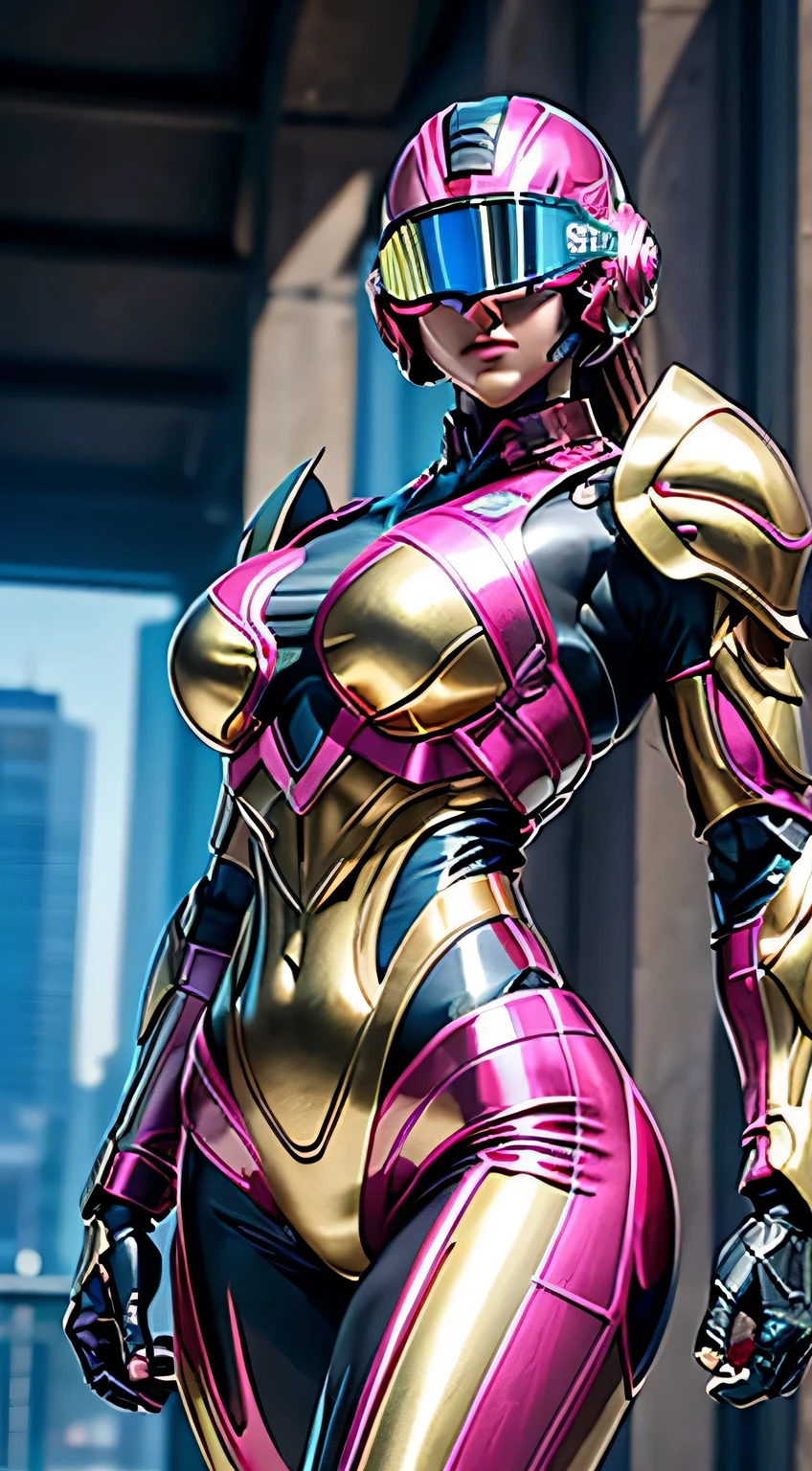 Female Robocop Solo、Bright outdoors、strong light source、8K, high quality, masterpiece, 最high quality、Very detailed、Armor that completely covers the whole body、very large armor、Helmet covering the head、Clear photos、The eyes are hidden by thin, straight goggles:1.3、The lower half of the face is flesh:1.5、Face exposed from nose down:5.0、Luscious lips、Fluorescent pink metallic armor with thin gold lines、Armor that completely covers the chest、Long, slender legs、Vibrant posel body view,Big and ample breasts:1.5, (Sports Body:1.5)、Five Fingers、Photos in the city