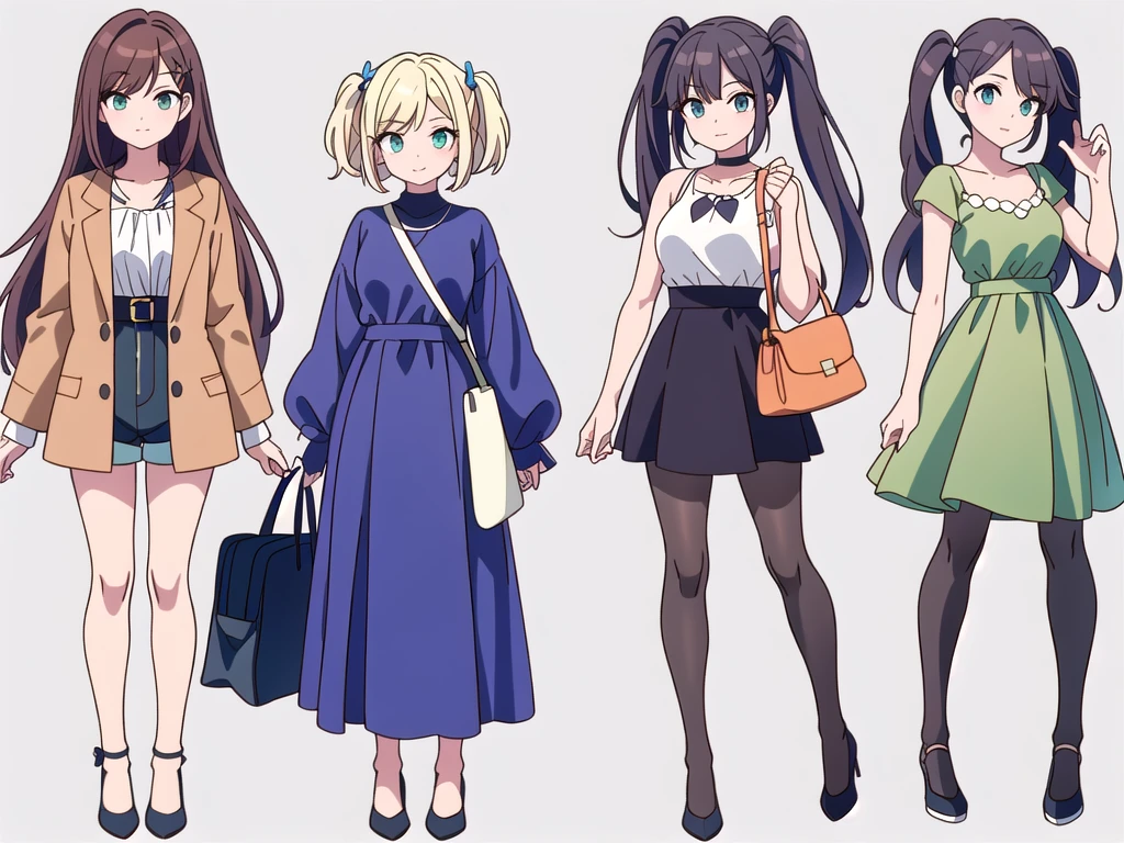 (((Best Quality))) , ((full body)), 4 adult woman, multiple views, white background, variety of hairstyles, variety of fashion styles, seductive pose, fashionable and trendy atmosphere, holding bag, spring outfits, walk pose, dark blue/dark orange/dark green/dark violet/brown/white, short shorts,