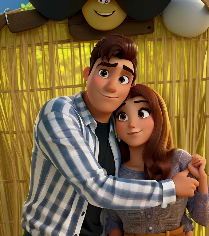 Casal (homem branco e mulher morena ) no estilo Disney Pixar, alta qualidade, melhor qualidade.
