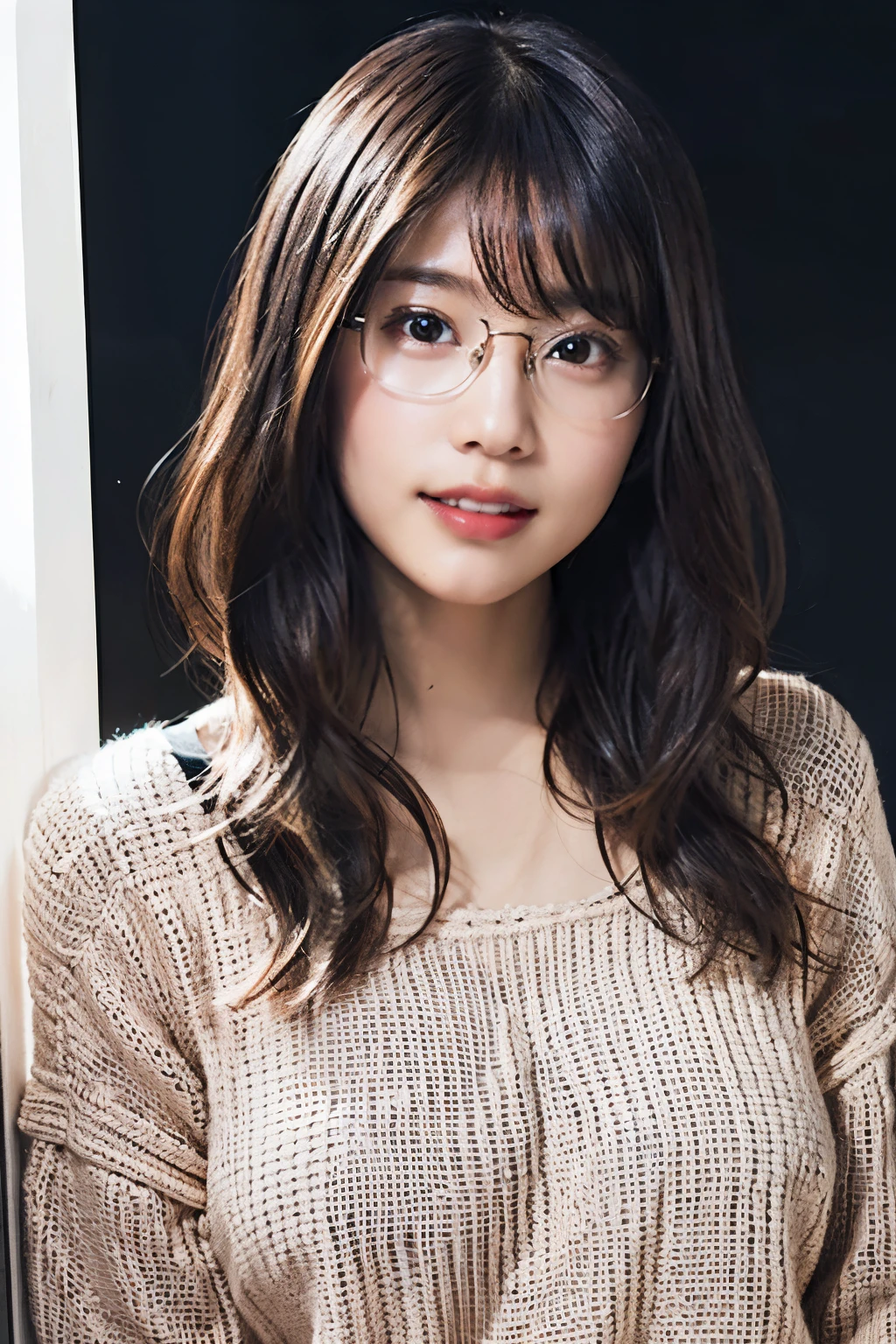 (8k、Raw photo、highest quality、masterpiece:1.2)、(Realistic、Photorealistic:1.37)、Ultra-detailed、超A high resolution、1 girl、Seeing the viewer、Beautifully detailed face、A smile with slightly visible teeth、narrow、(Narrow waist) :1.3)、((cute sweater))、Pastel colored clothes、beautiful detailed skin、Skin Texture、floating hair、((fluffy hairstyle))、Shapely large breasts、Professional Lighting、Bedroom、((Black square glasses))、Human whole body、Black Hair、((Embarrassing appearance))、Pay attention to your audience、