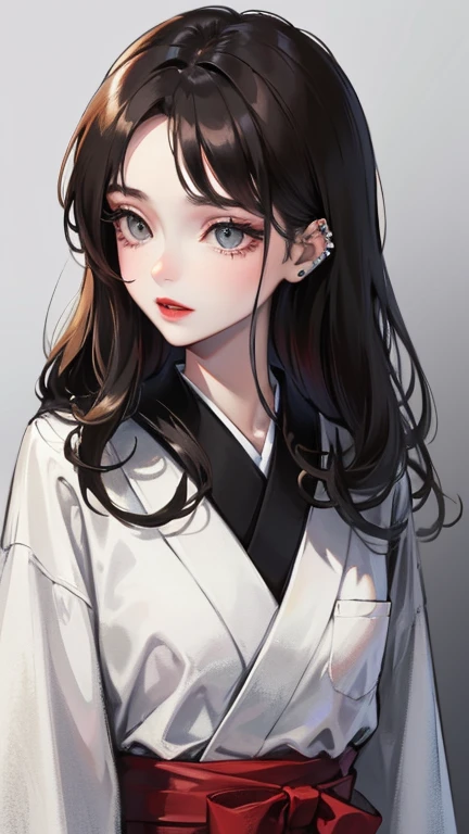 ((best quality)), ((masterpiece)), (detailed), visage parfait, yeux gris, Long Dark Hair, frange, red lips. Hairbangs, septum piercing. Kimono