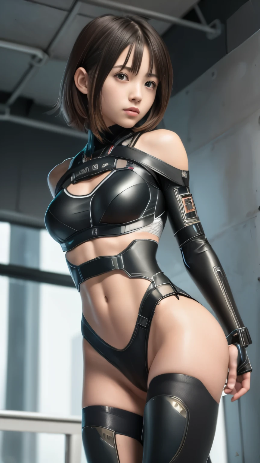 high quality, realistic masterpiece, girl with legs tied and wrists bound, Beautiful skinny girl with cute face, innocent playful eyes, cyberpunk, Wearing neon futuristic robotic tactical shear armor cyberpunk suit with cutouts showing abs, skinny athletic body showing legs, Famous actresses of Japan, very beautiful face, bdsm