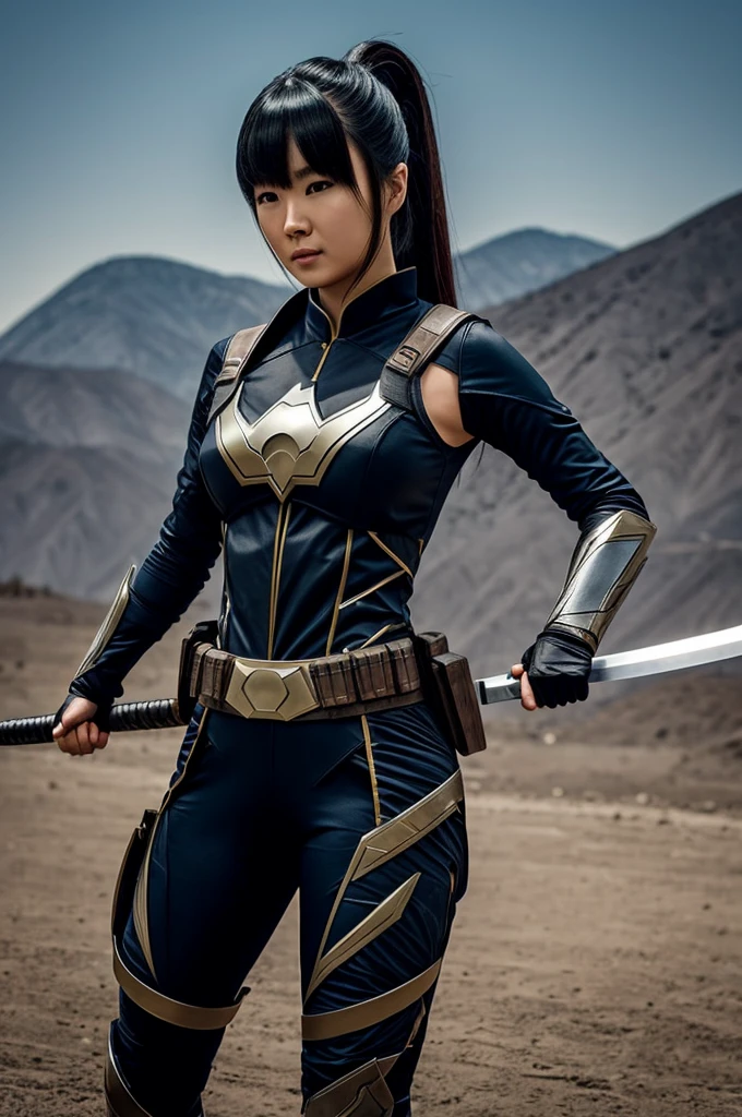 superhero, modern super hero costume, ninja, with a katana, Beautiful Chinese woman, Chinese woman with bangs, courageous character, Kind, Brave, on the battlefield