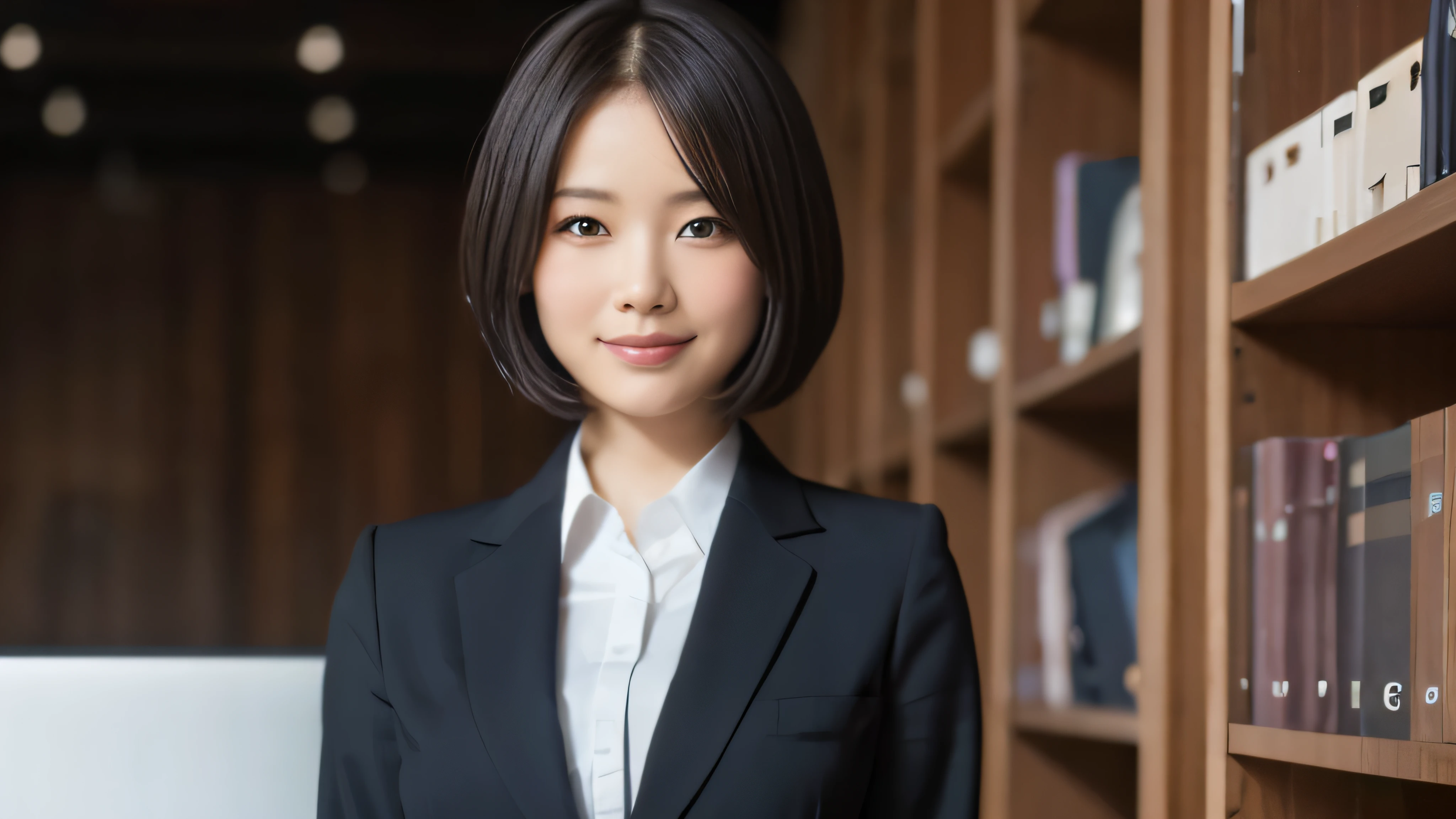 (Realistic: 1.4), (highest quality: 1.4), (Fine grain), Full body shot, ((office)), ((I&#39;m working)), ((One young woman)), Black short bob hair, ((business suit)), Wide eyes, Blushed face, ((smile)), Highly detailed face and skin texture, Healthy Skin, 8k resolution