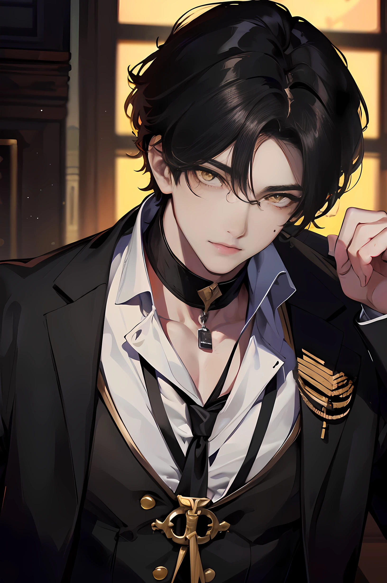 Male, 1boy, mature, ((School)), teacher, yellow eyes, Black hair, mole bellow right eye,masterpiece,Best quality at best,4K,8K,high qulity,A high resolution