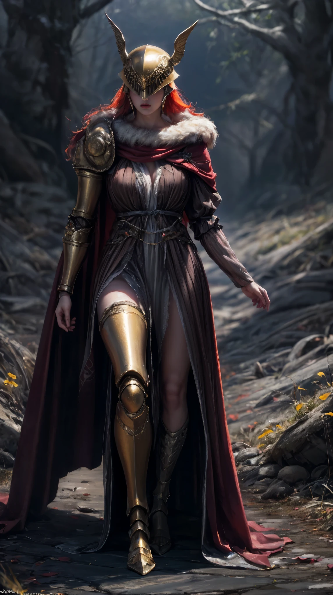 Highly detailed, high quality, masterpiece, beautiful, 1 girl, prosthetic leg, single mechanical arm, prosthesis, MaleniaDef, armor, cape, helmet, brown dress, full body, (best quality)), ((masterpiece: 1.2) ), (extremely detailed: 1.1), (8k, high quality, cinematic, hyper realistic, illustration), (autodesk maya, octane rendering, unreal engine, game character, ray tracing, hdr), (16mm focal length , f/4 aperture, dynamic perspective, depth of field), (1 girl, dynamic angle, casting pose. malenia, long bright red hair like blood, brown thorn-woven dress, single mechanical arm, prosthetic leg, prosthesis, boots of battle. Cloak of blood, underlying golden armor, valley of withered flowers, ancient sculptures around it), 3d, realistic, CG, 3D model, beautiful, elegant, confident, (hdri, bloom, edge lighting, soft lighting, discreet), zhongfenghua, delicate\(armor\) ancient robe, golden helmet, mage_glam, caftan,