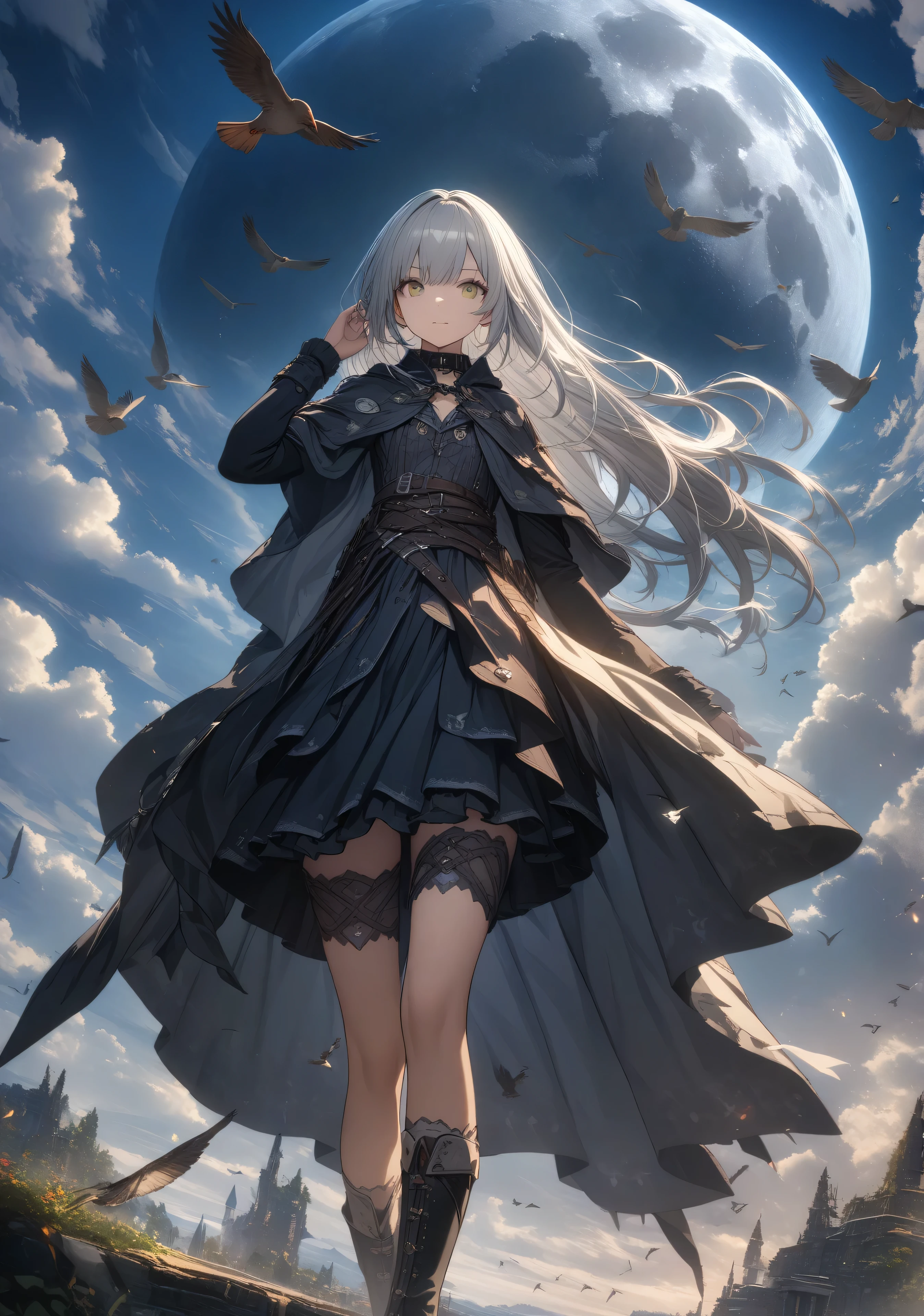 32k, best quality, ultra high res, HDR, UHD, extremely detailed CG, unity 32k wallpaper, highest quality, Very detailed, masterpiece, Super detailed, cloud, witch_Have, Have, 1 Girl, null, green_null,Day, length_hair, cloudy_null, moon,bird, alone, Silver_hair, witch, Outdoor,  