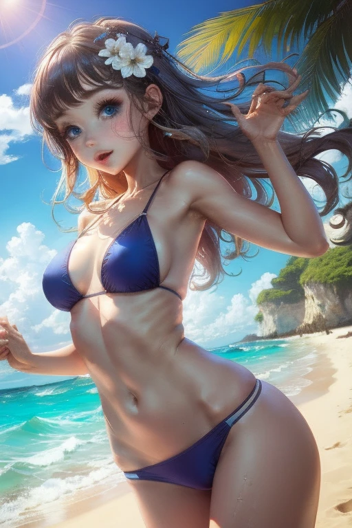 highest quality、One Girl、blue eyes、Seductive pose、Swimwear、Frolic with the waves on the beach
