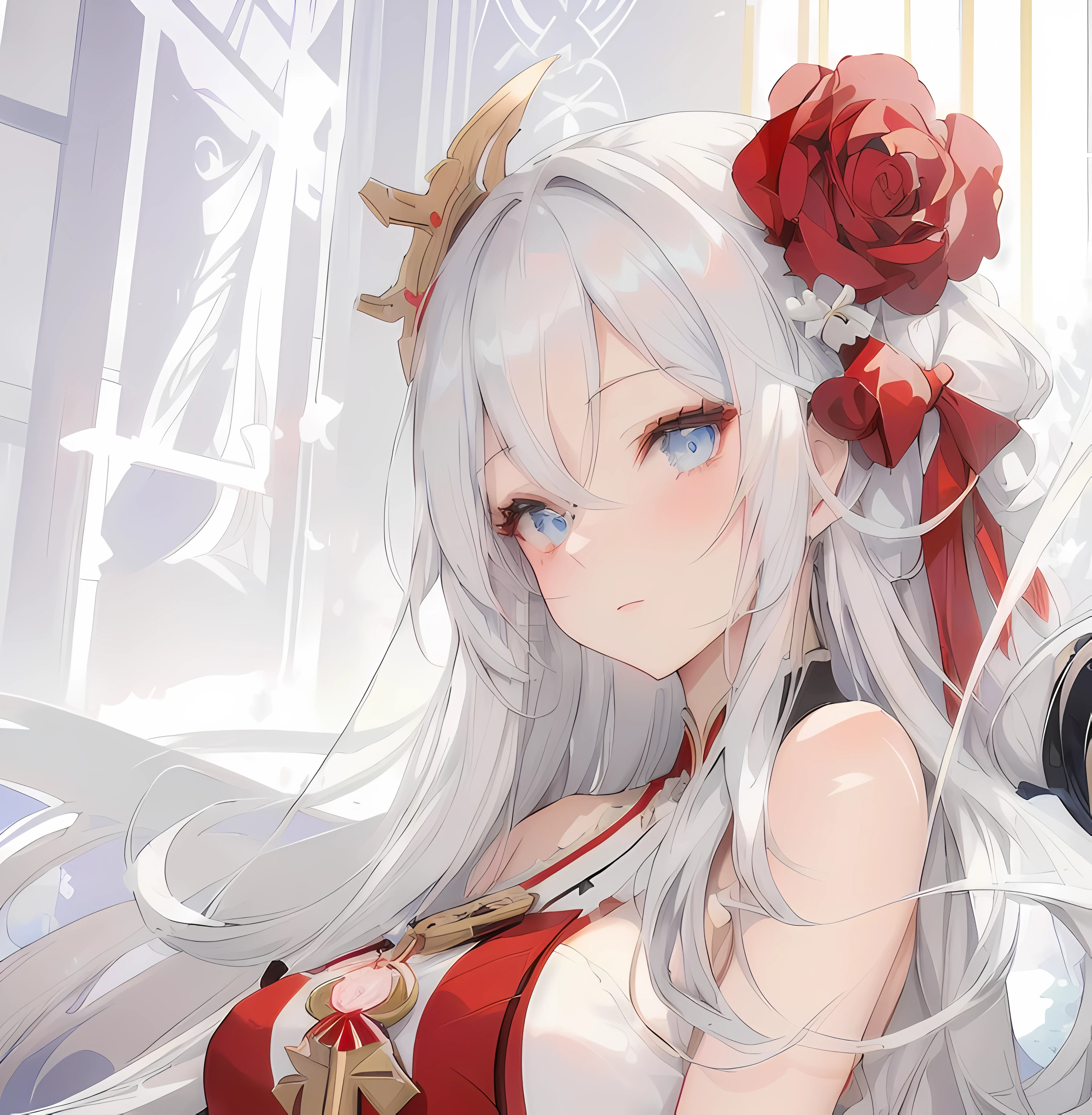 anime girl with long gray hair and blue eyes holding a rose, white haired deity, cushart krenz key art feminine, characters from azur lane, from the azur lane videogame, anime goddess, edelgard fire emblem, azur lane style, onmyoji portrait, ayaka genshin impact, detailed key anime art, cute anime waifu in a nice dress