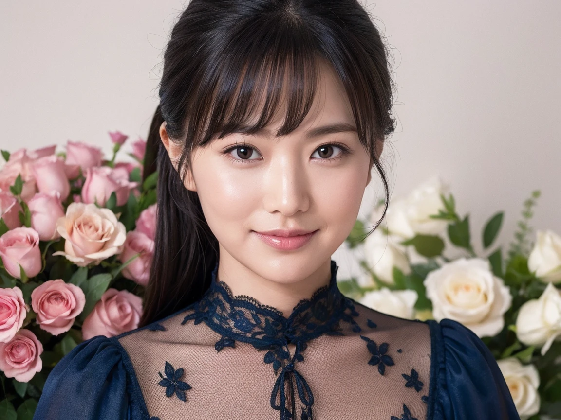 Medium Size Display, Medium Shot, Written boundary depth, bust, Upper Body, movie angle, masterpiece, highest quality, Very detailed, CG, 8k wallpaper, Beautiful Face, Delicate eyes, Otome, alone, smile, bangs, have,Royal Blue Dress, bow, petal, bouquet of roses