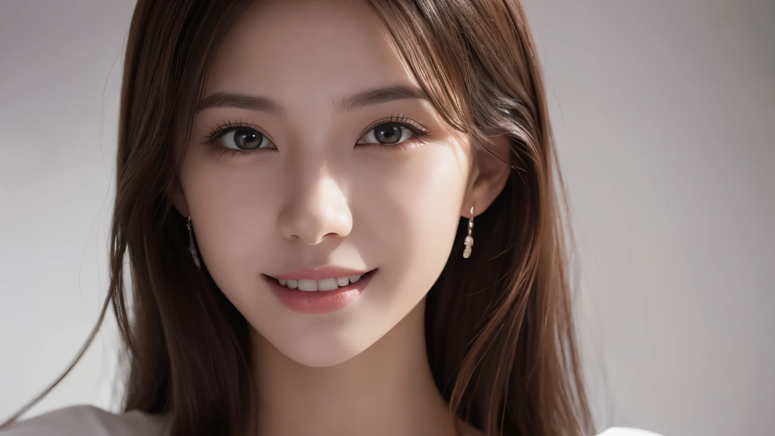 One Girl, (Dress in trendy fashion:1.2), (RAW Photos, highest quality), (Realistic, Photorealistic:1.4), Tabletop, Very delicate and beautiful, Very detailed, 2k wallpaper, wonderful, In detail, Very detailedな CG Unity 8K 壁紙, Very detailedな, High resolution, Soft Light, Beautiful detailed girl, looking at the camera、Very detailedな目と顔, Beautifully detailed nose, Beautiful fine details, Long Hair, small, White T-shirt、White background、Background is white、Cinema Lighting, Perfect Anatomy, Slender body, smile,