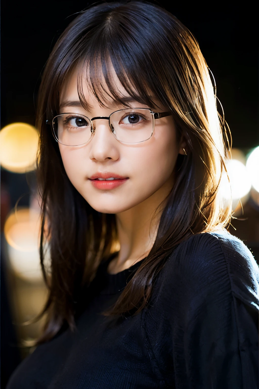 (8k、Raw photo、highest quality、masterpiece:1.2)、(Realistic、Photorealistic:1.37)、Ultra-detailed、超A high resolution、1 girl、Seeing the viewer、Beautifully detailed face、A smile with slightly visible teeth、narrow、(Narrow waist) :1.3)、((cute sweater))、Pastel colored clothes、beautiful detailed skin、Skin Texture、floating hair、((fluffy hairstyle))、Shapely large breasts、Professional Lighting、Bedroom、((Black square glasses))、Human whole body、Black Hair、((Embarrassing appearance))、Pay attention to your audience、