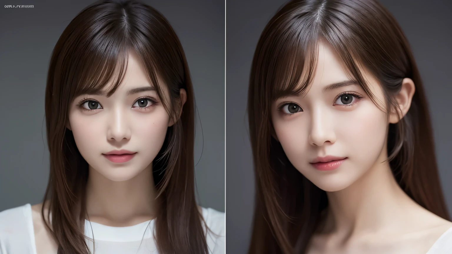 One Girl, (Dress in trendy fashion:1.2), (RAW Photos, highest quality), (Realistic, Photorealistic:1.4), Tabletop, Very delicate and beautiful, Very detailed, 2k wallpaper, wonderful, In detail, Very detailedな CG Unity 8K 壁紙, Very detailedな, High resolution, Soft Light, Beautiful detailed girl, looking at the camera、Very detailedな目と顔, Beautifully detailed nose, Beautiful fine details, Long Hair, small, White T-shirt、White background、Background is white、Cinema Lighting, Perfect Anatomy, Slender body, smile, 