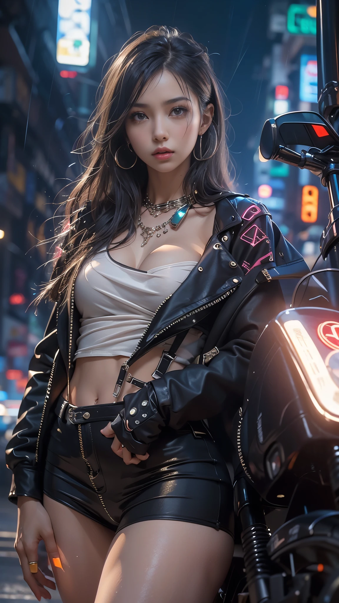 (Realistic:1.3, 16k, highest quality, masterpiece, Ultra-high resolution), ((light rain, From below)), Perfect dynamic composition:1.2, (Modern futuristic city at night, Expressions of sadness:0.5, motorcycleを運転する), Highly detailed skin and facial textures, Young Japanese Woman, Incredibly slim body, Fair skin, Sexy beauty, Very beautiful face, beautifully、aesthetic, (Pink tight skirt, Wear cyberpunk clothes), (Shapely breasts, Chest gap), (Big eyes that exude beautiful eroticism, Lips that exude beautiful eroticism), necklace, Earrings, bracelet, wedding ring, Shoulder bag, clock, sunglasses, motorcycle, Cowboy Shot