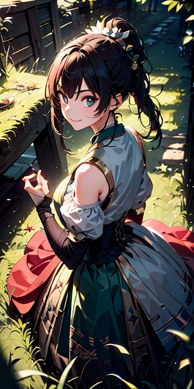 Absurd resolution, High resolution, (masterpiece:1.4), Very detailed, One girl, From above, forest, run and jump, Ninja clothing, Sharp focus, (Cinema Lighting), (One girl), smile,The five fingers of each hand are very detailed.,