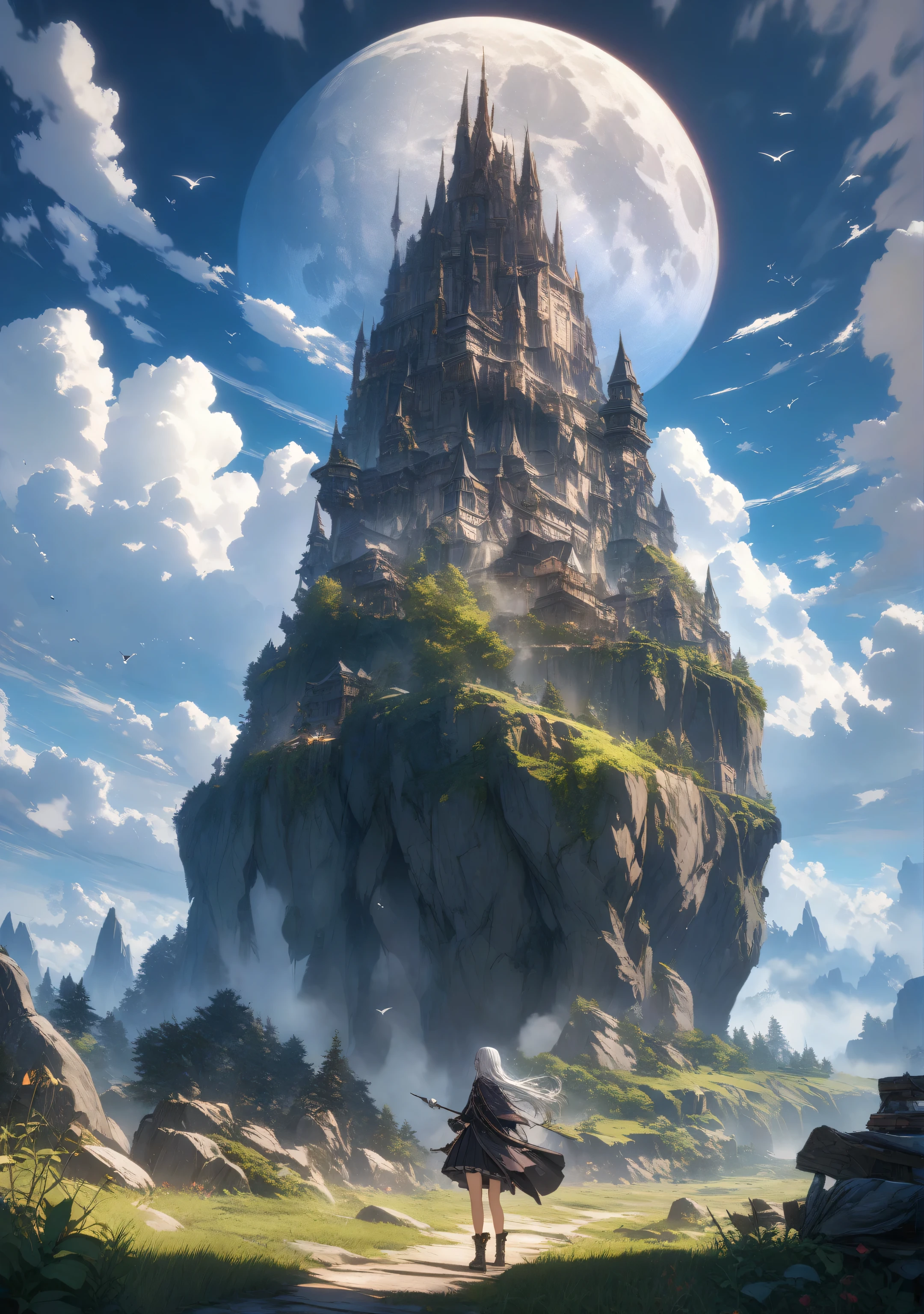 32k, best quality, ultra high res, HDR, UHD, extremely detailed CG, unity 32k wallpaper, highest quality, Very detailed, masterpiece, Super detailed, cloud, witch_Have, Have, 1 Girl, null, green_null,Day, length_hair, cloudy_null, moon,bird, alone, Silver_hair, witch, Outdoor,  
