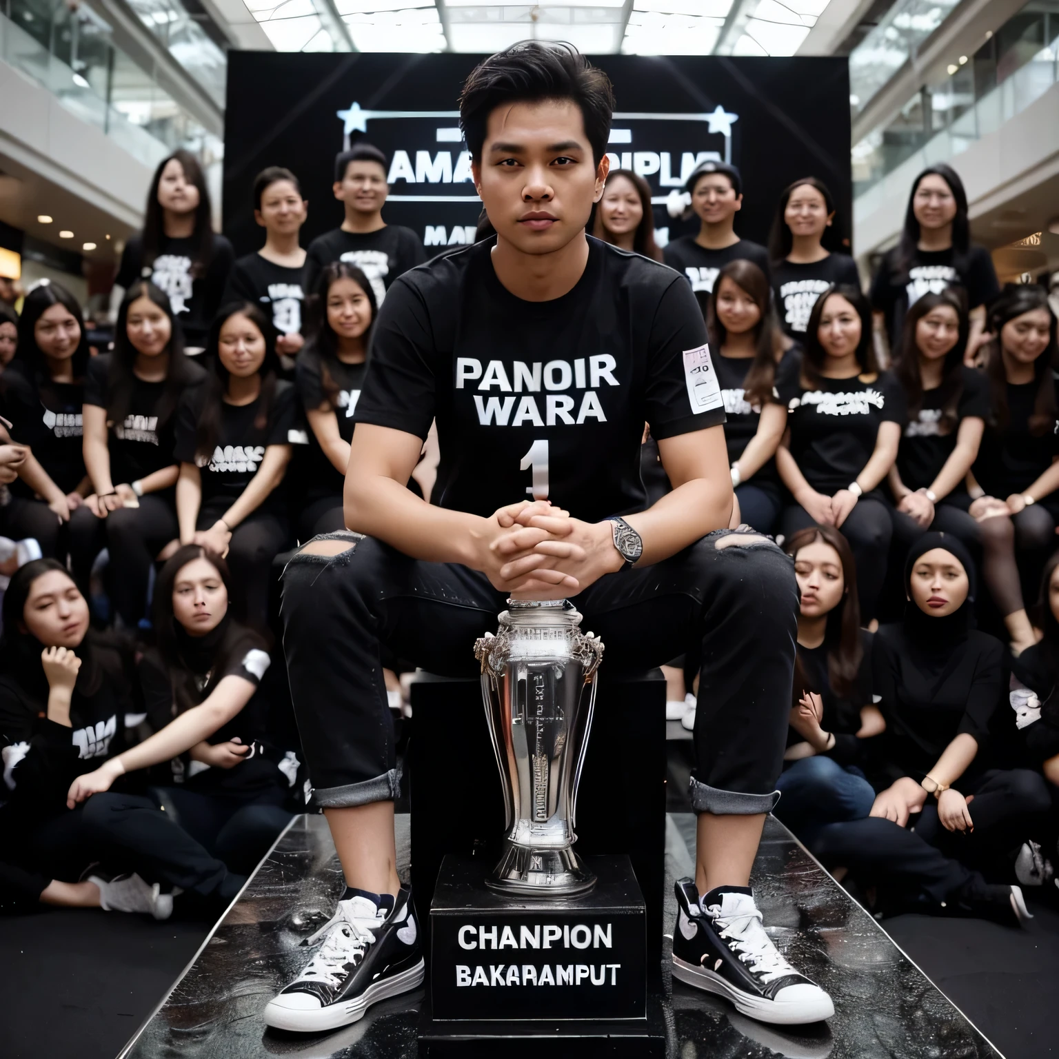 Podium kristal hitam dengan teks"JUARA BAKARAMPUT" di bawahnya, diatas berdiri seorang pria umur 25 tahun wajah asli indonesia pakai baju kaos hitam bertuliskan nama"PANDIR WARA",paki celana jeans, pakai sepatu converse sedang memegang piala bertuliskan angka(1).di sekitar banyak wanita cantik yang menonton.sangat realistis, sangat detail,ULTRA HD, FULL HDR.