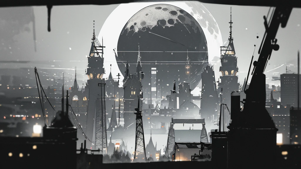 (masterpiece、highest quality)、Warm lighting、 Blurred foreground、Deep in the night、High Contrast,it&#39;s snowing,curse,Huge construction,Black night,full moon,universe,planet,Moon and Earth,Ruined World,City in the Sky
