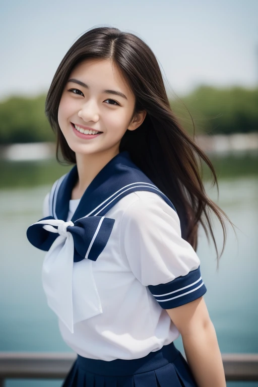 (masterpiece、16k image、high resolution、highest quality)、solo、One Girl、(Japanese Girls' High School Sailor Uniform,perfection)、(perfectionな解剖学,Beautiful body、Healthy Body、Beautiful Skin)、sunny day、Black-haired、Short-haired、Long-haired、ponytail、black eye、On the way home、、Flat Chest、18-year-old、School zone、Artistic.、Beautiful woman、Beauty Body、smile、whole body、