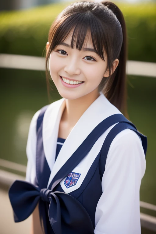 (masterpiece、16k image、high resolution、highest quality)、solo、One Girl、(Japanese Girls' High School Sailor Uniform,perfection)、(perfectionな解剖学,Beautiful body、Healthy Body、Beautiful Skin)、sunny day、Black-haired、Short-haired、Long-haired、ponytail、black eye、On the way home、、Flat Chest、18-year-old、School zone、Artistic.、Beautiful woman、Beauty Body、smile、whole body、