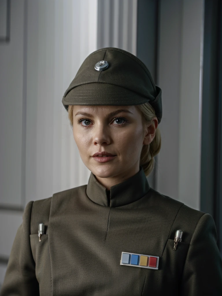 Elisha Cuthbert in (olive gray imperialofficer uniform), hat, gloves, blonde hair in ponytail,  star destroyer bridge.  closeup