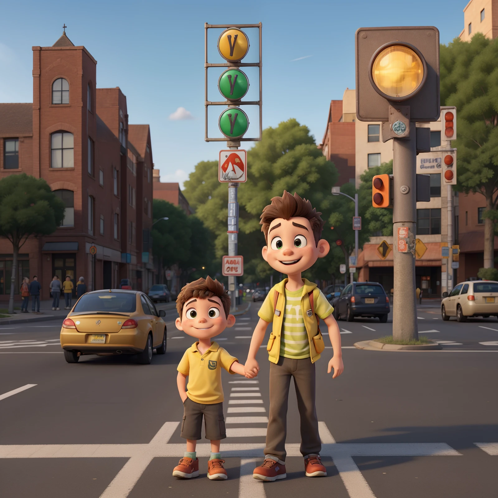 Draw a children&#39;s animated cartoon style scene that depicts a pedestrian walking and crossing at a crosswalk with a  returning from school while the traffic light is green for him. Pedestrian is holding child&#39;s hand tightly in the middle of the crosswalk, demonstrating attention and security on the face while crossing with a smile, looking carefully to the sides. He is wearing simple yellow clothes and holding a backpack. Around the adult and  pedestrian, podem-se ver detalhes simples, such as stripes on pedestrian crossings and a traffic light for vehicles with a green light on. Ao fundo, some cars stopped at red lights and some buildings can be included to contextualize the scene. O ambiente deve ser colorido e amistoso, com um estilo que remete ao desenho animado , sem contornos muito complexos., illustration