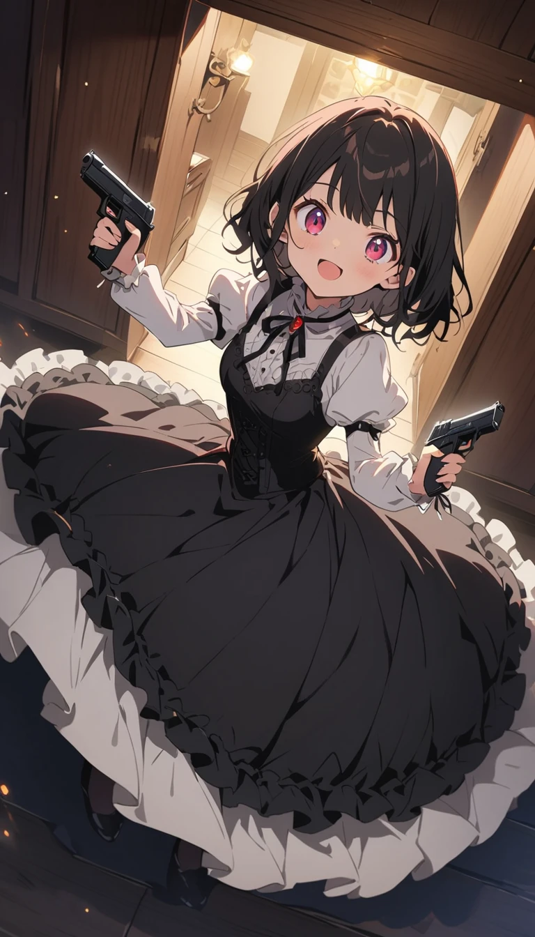 1 beautiful girl、Rin々A funny expression、(black victorian dress:1.4、Formal wear)、(Jewelry decoration)、(familiar:1.2)、(Holding a handgun in both hands、Dual pistols:1.6)、Action pose、Cool pose、Complex skirt、steampunk、Full Body, (highest quality、masterpiece、High resolution、detailed)、animeスタイル、Flat Style、High saturation、(Beautiful Eyes, Delicate and beautiful face, ),extremely detailed、(The Shining), Best lighting, Best Shadow、Dynamic Angle、anime