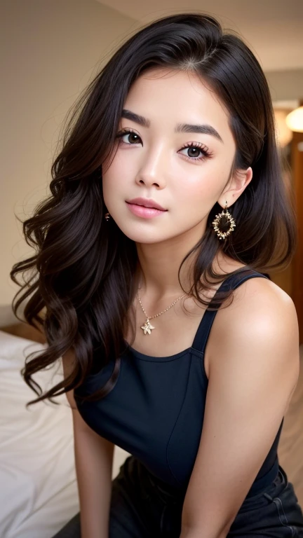 1 25 years old beautiful woman with casual cute hairstyle posing for a portrait, Real raw photo with super detailed details, Beautiful smooth glossy hair woman, A very beautiful woman, She is blushing and making a kissy face with love, Her face is turned upwards, Well-cared for beautiful long hair, 16K Ultra Realistic Portrait, Photograph from the front of her, Camera angle of view from above, She is slim figure top model and famous movie actress, She has a very fine and smooth white skin, Breast enhancement, ((((1 American woman)))), The eyebrows are raised and furrowed, She has bittersweet feeling, Super thinly opened eyes are moist and droopy, Form a gentle curve from cheek to chin, She is looking up at the camera from below, Her thick plump and shiny big lips are half-opened, Close-up photo of face, A person in the center left and right:1.0, The whole head is shown, She is wearing simple earrings and a simle necklace, Perfect makeup, Professional lighting like movies in her bedroom