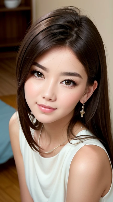 1 25 years old beautiful woman with casual cute hairstyle posing for a portrait, Real raw photo with super detailed details, Beautiful smooth glossy hair woman, A very beautiful woman, She is blushing and making a kissy face with love, Her face is turned upwards, Well-cared for beautiful long hair, 16K Ultra Realistic Portrait, Photograph from the front of her, Camera angle of view from above, She is slim figure top model and famous movie actress, She has a very fine and smooth white skin, Breast enhancement, ((((1 American woman)))), The eyebrows are raised and furrowed, She has bittersweet feeling, Super thinly opened eyes are moist and droopy, Form a gentle curve from cheek to chin, She is looking up at the camera from below, Her thick plump and shiny big lips are half-opened, Close-up photo of face, A person in the center left and right:1.0, The whole head is shown, She is wearing simple earrings and a simle necklace, Perfect makeup, Professional lighting like movies in her bedroom