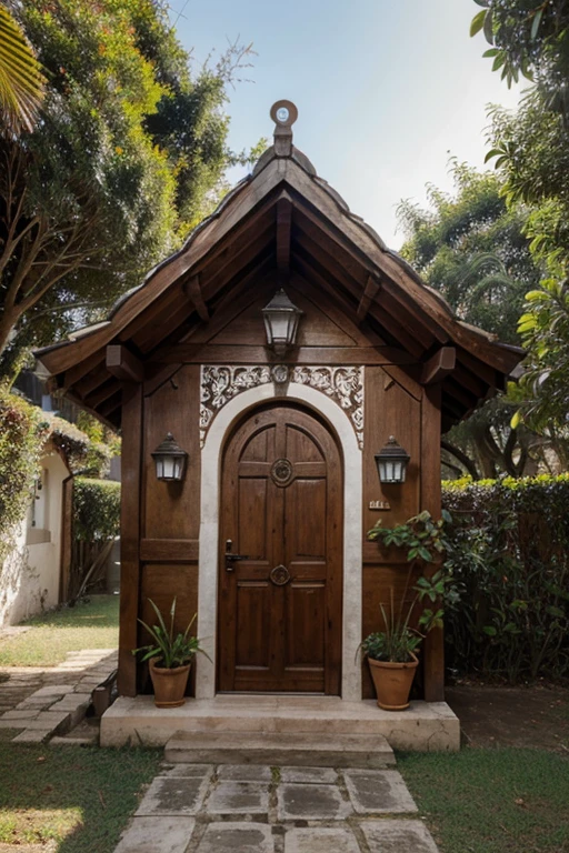 casa pequena com a porta aberta, placa escrita: a casa dos mil espelhos, casa fantasiosa