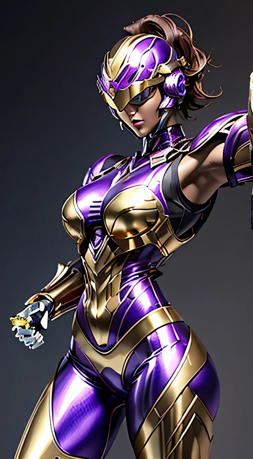Female Robocop Solo、Bright outdoors、strong light source、8K, high quality, masterpiece, 最high quality、Very detailed、Armor that completely covers the whole body、very large armor、Helmet covering the head、Clear photos、The eyes are hidden by thin, straight goggles:1.3、The lower half of the face is flesh:1.5、Face exposed from nose down:5.0、Luscious lips、Fluorescent purple metallic armor with thin gold lines、Armor that completely covers the chest、Long, slender legs、Vibrant posel body view,Big and ample breasts:1.5, (Sports Body:1.5)、Five Fingers、Photos in the city