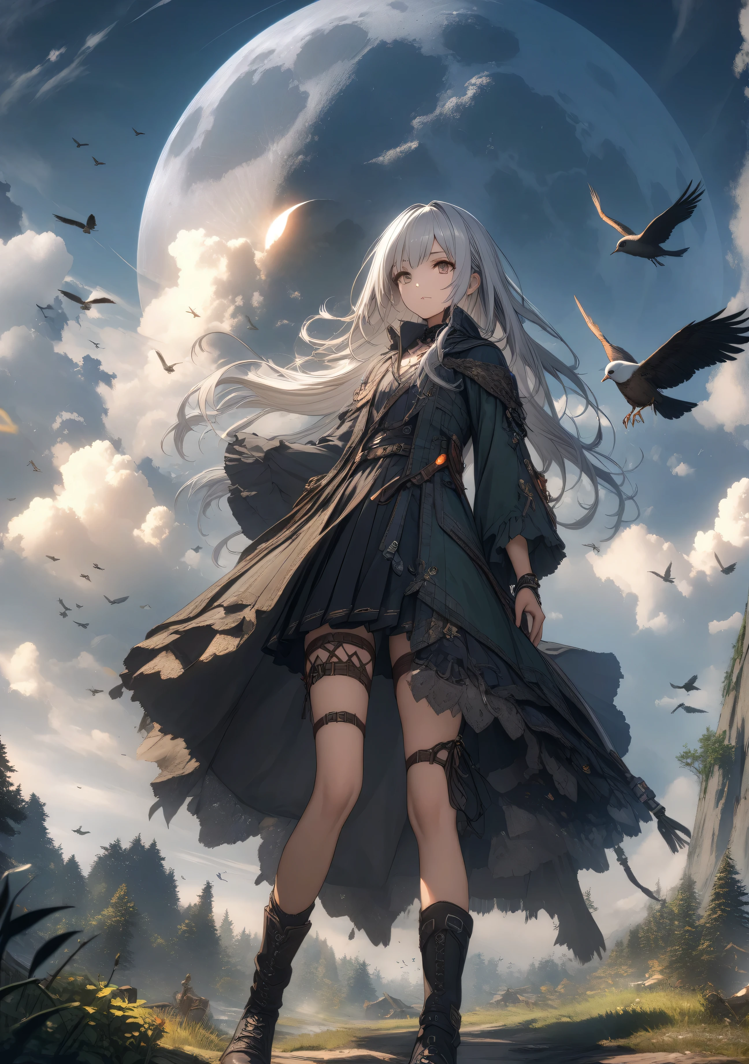 32k, best quality, ultra high res, HDR, UHD, extremely detailed CG, unity 32k wallpaper, highest quality, Very detailed, masterpiece, Super detailed, cloud, witch_Have, Have, 1 Girl, null, green_null,Day, length_hair, cloudy_null, moon,bird, alone, Silver_hair, witch, Outdoor,