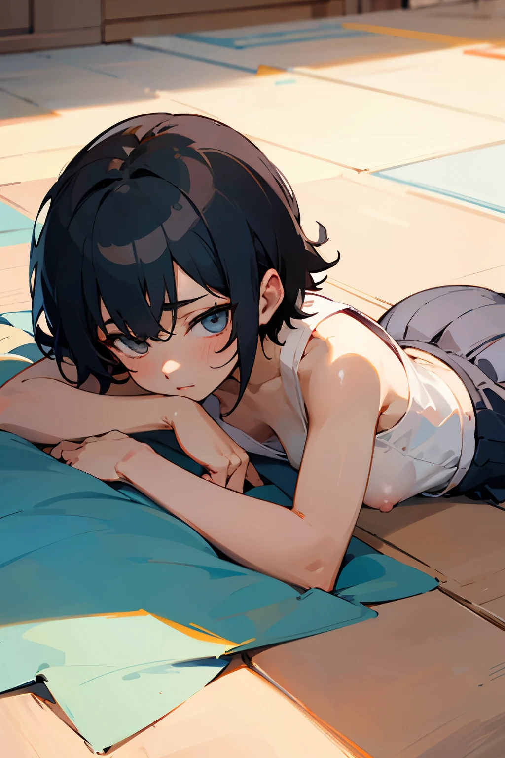 1 boy, boy, anime, femboy, black hair, boy hair, short hair, pleated skirt, gray skirt, no blouse, no shirt, bare torso, hard pink nipples, sexy pose, lying on the floor pose, supported pose from his knees on the floor, Lying on the floor, butt steep, butt raised, Ass steep, ass raised, torso resting on the floor