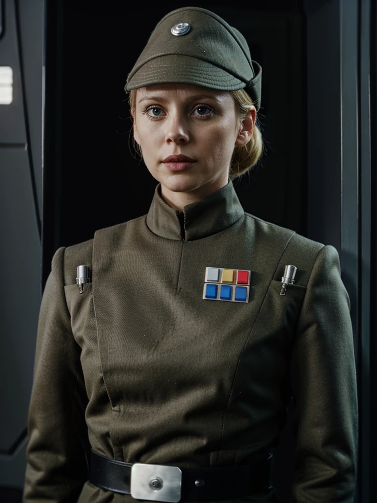 Christina Cole in (olive gray imperialofficer uniform), hat, gloves, blonde hair in ponytail,  star destroyer bridge, triangular window to space starfield