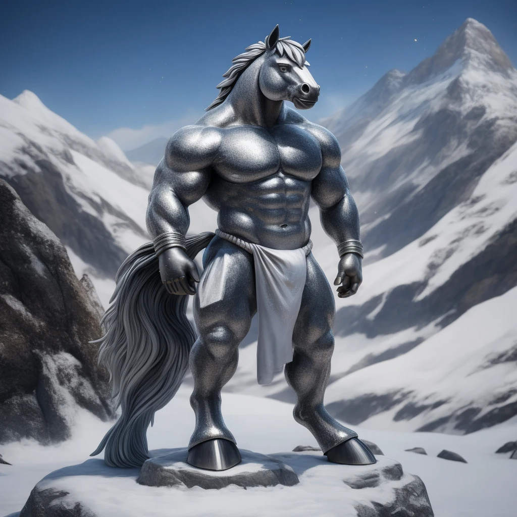  Antro, Statue, Estatua de Plata Metalica Pulida [Horse color Silver Metal] , [Fundoshi Bulto Male Big Gold], [Fundoshi Silver Metal], Solo, Plata, [Bulto Male Big], Hooves , (Equine Tail), Detallado 4k, cuerpo completo, Cuerpo silver metal, snowy mountain background, pupil Eyes silver Alta resolucion, Particulas Plateadas, Metal silver Brillo plateado, Metal Pulido, silver Particle, Manos Perfectas