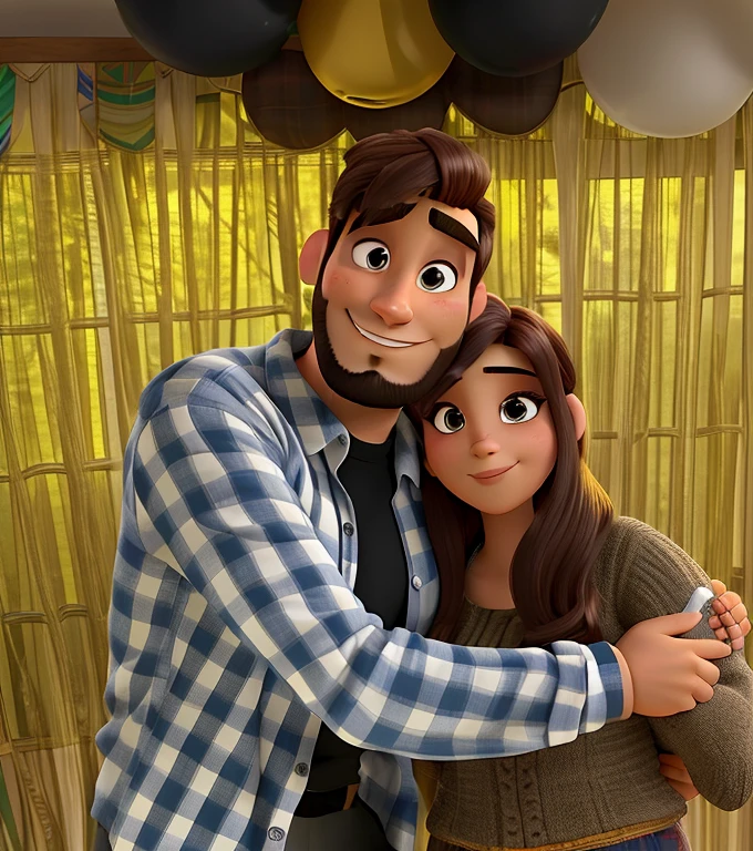 casal homem barba e mulher cabelos encaracolados no estilo Disney Pixar, alta qualidade, melhor qualidade