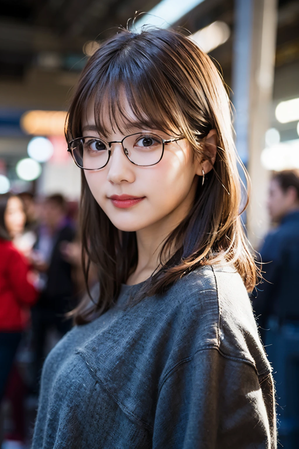 (8k、Raw photo、highest quality、masterpiece:1.2)、(Realistic、Photorealistic:1.37)、Ultra-detailed、超A high resolution、1 girl、Seeing the viewer、Beautifully detailed face、Laughter、narrow、(Narrow waist) :1.3)、shortcut、beautiful detailed skin、Skin Texture、floating hair、Professional Lighting、Waiting for the train on the platform、Black square glasses  、Human whole body、Brown Hair
