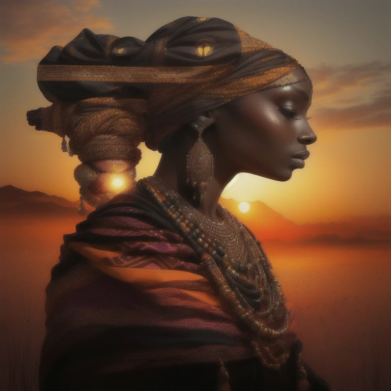arafed image of a woman with a turban and a sunset in the background, african woman, african queen, african fractals, ( ( mads berg ) ), african princess, beautiful artwork, african, stunning african princess, stunning artwork, black african princess, beautiful digital artwork, afrofuturist, black woman, afrofuturism, by Keith Mallett, a beautiful artwork illustration