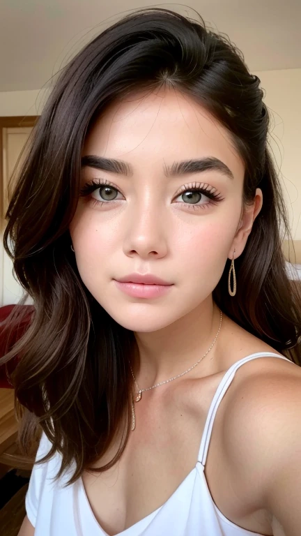 1 25 years old beautiful woman with casual cute hairstyle posing for a portrait, Real raw photo with super detailed details, Beautiful smooth glossy hair woman, A very beautiful woman, She is blushing and making a kissy face with love, Her face is turned upwards, Well-cared for beautiful long hair, 16K Ultra Realistic Portrait, Photograph from the front of her, Camera angle of view from above, She is slim figure top model and famous movie actress, She has a very fine and smooth white skin, Breast enhancement, ((((1 Swedish woman)))), The eyebrows are raised and furrowed, She has bittersweet feeling, Super thinly opened eyes are moist and droopy, Form a gentle curve from cheek to chin, She is looking up at the camera from below, Her thick plump and shiny big lips are half-opened, Close-up photo of face, A person in the center left and right:1.0, The whole head is shown, She is wearing simple earrings and a simle necklace, Perfect makeup, Professional lighting like movies in her bedroom