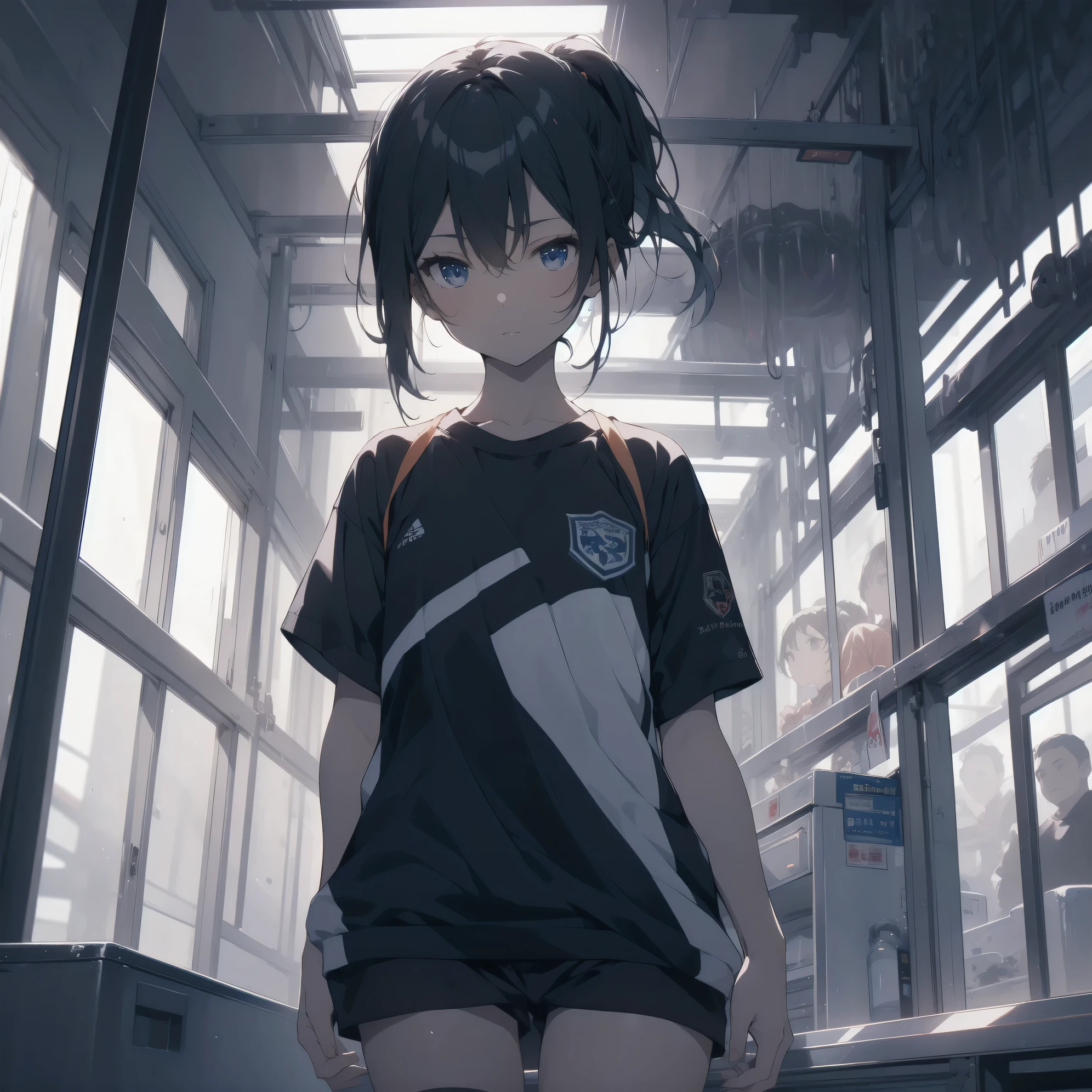ultra-absurdres-Top quality by artist God, ultra-detailed, high resolution, anime moe artstyle, best anime 8k konachan wallpaper, pixiv contest winner,pool:2810, perfect anatomy,break, 1girl, (Please draw a girl walking to home alone. )break,(Solo,little female, 13-year-old:1.3),Full limbs, complete fingers, (very short hair), ponytail, flat chest, groin, small butt, thighs, small black eyes, beautiful detailed eyes, well-proportioned iris and pupils, expressive eyes, highres detailed hair, soft expression, school_gym uniform, gym shirt, short sleeves, gym shorts, short shorts, (Detailed Lighting), (Detailed background),solo_focus, in the School commute route. break,super detailed skin, Best cinematic lighting powered by famous artist, 8k,beauty illustration,photoshop_(medium),very aesthetic,break,((artist:hisahiko )), artist:bolze ,artist:oyari_ashito ,artist:kantoku ,
