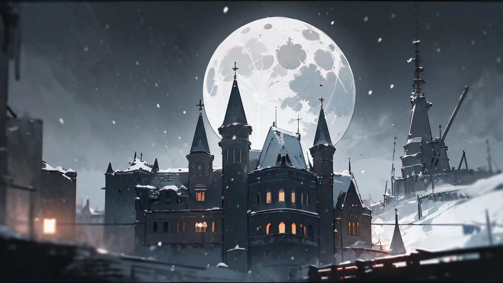 (masterpiece、highest quality)、Warm lighting、 Blurred foreground、Deep in the night、High Contrast,it's snowing,curse,Huge construction,Black night,full moon,universe,planet,Moon and Earth,Ruined World,City in the Sky